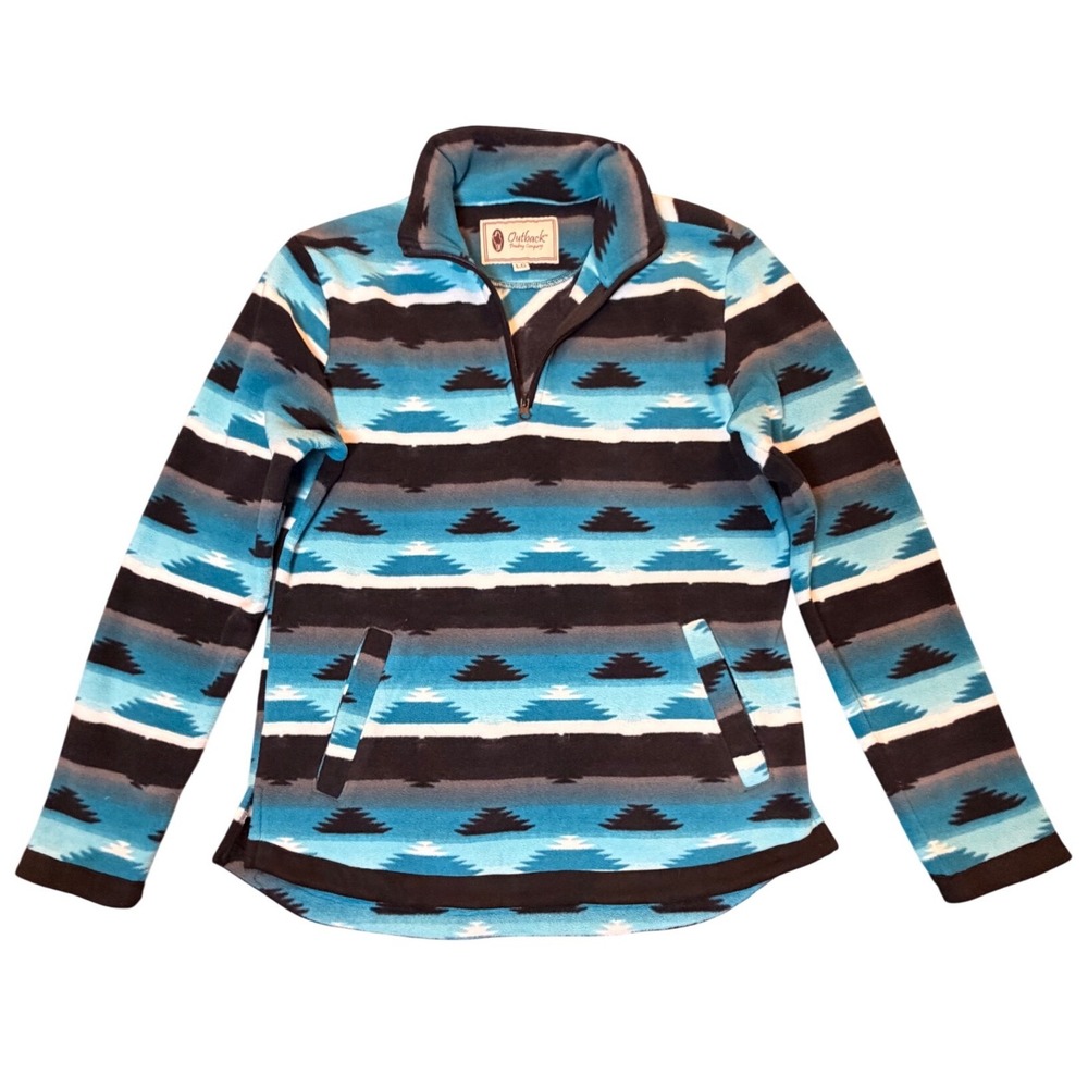 Outback Trading Co Womens Kate Henley Aztec Fleece Quarter Zip Pullover Blue LG